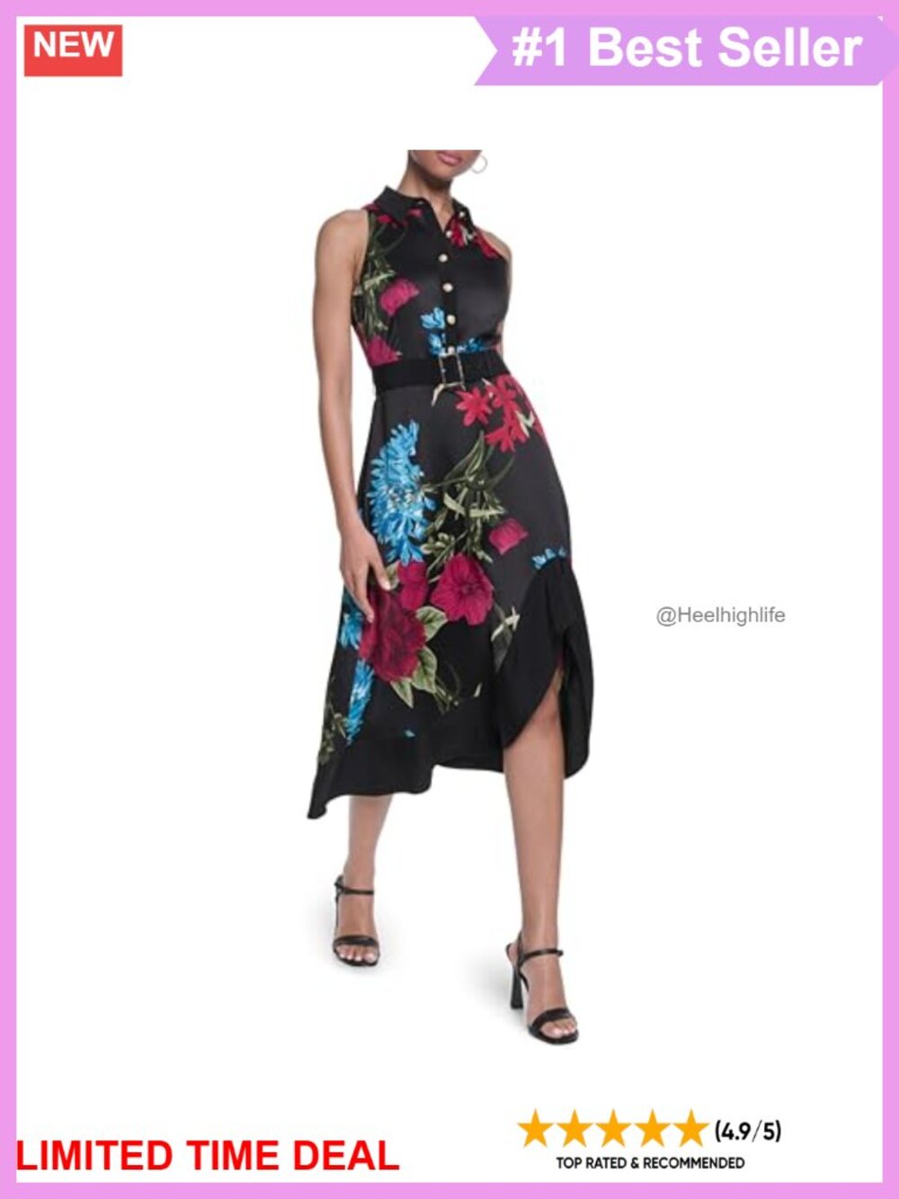 Sleeveless Printed Satin Faced Crepe Asymmetrical Hem Midi Dress